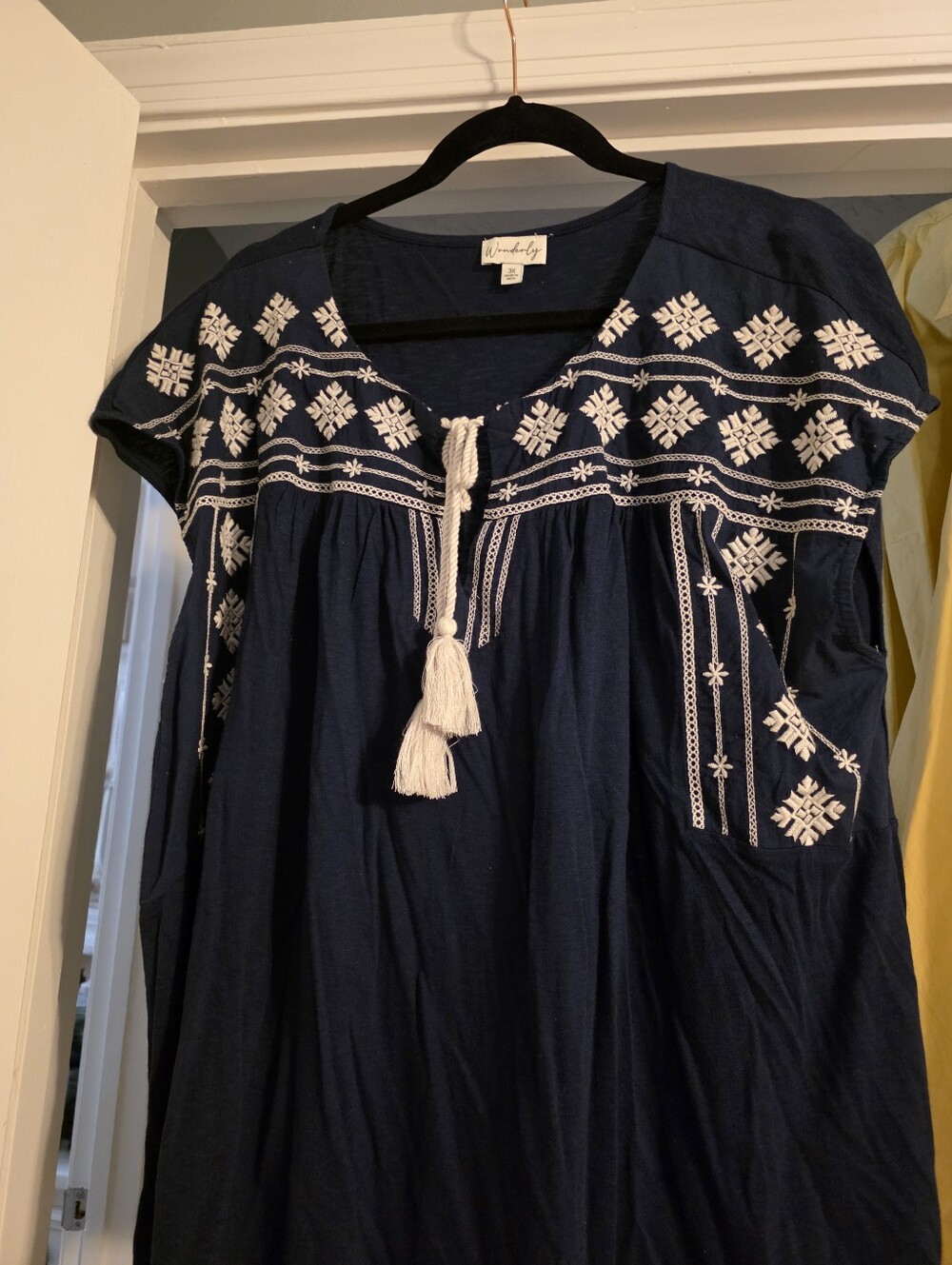 Wonderly Navy Casual Embroidered Cotton Top